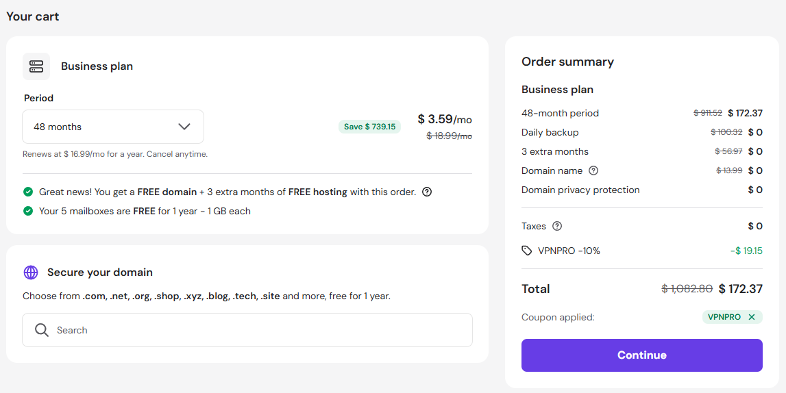 Hostinger checkout order summary showing discount applied